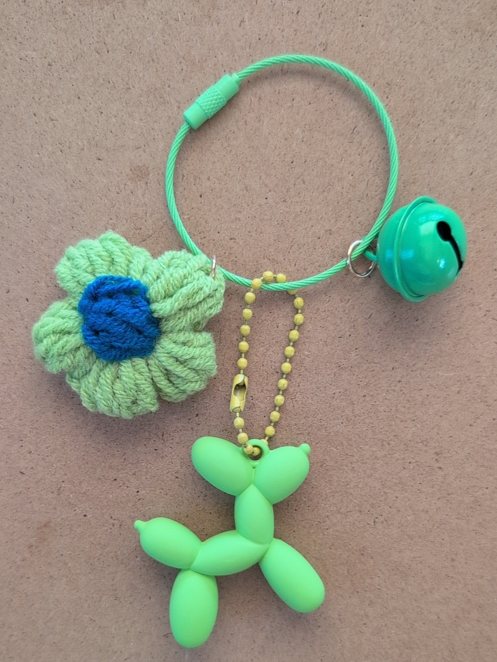 Green Balloon Dog Keyring Bag Charm with Flower Charm and Bell